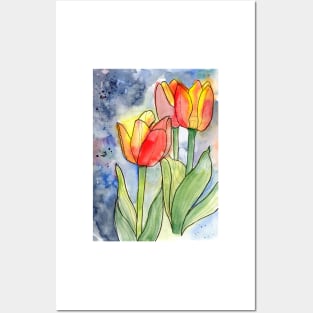 Colorful Tulips Watercolor and Ink Posters and Art